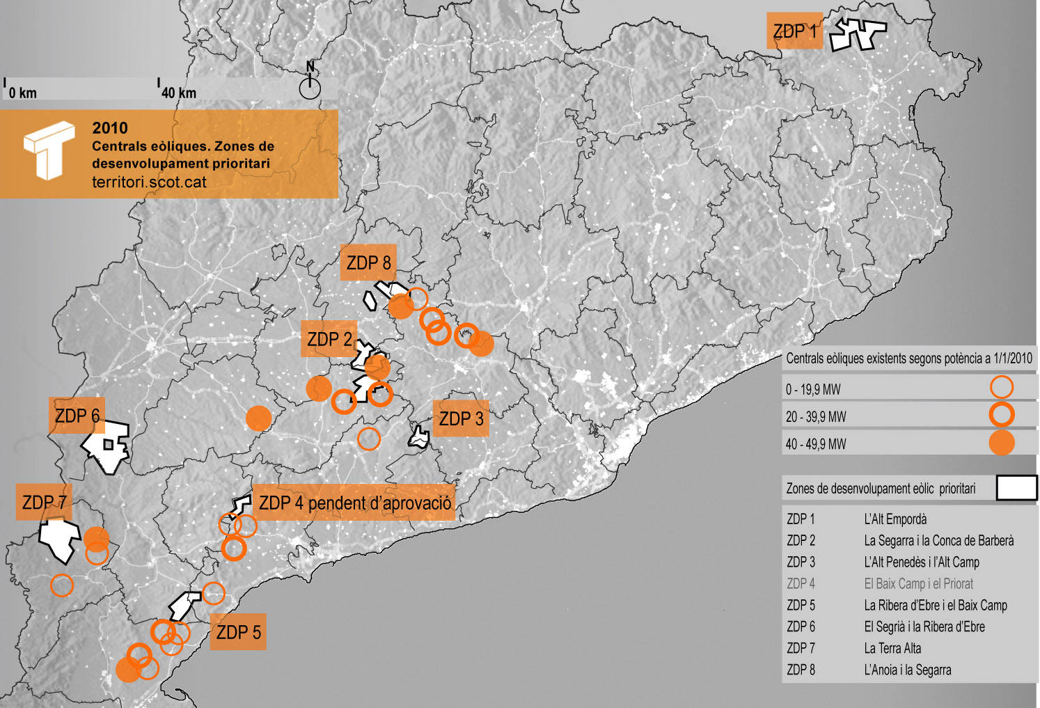 Centrals eòliques. Zones de desenvolupament prioritari 2010 Mapa: Montse Ferrés